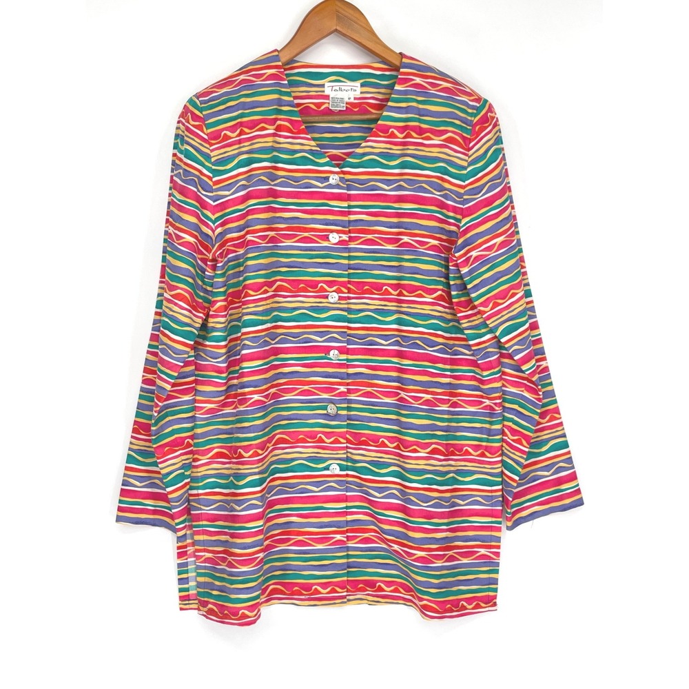 Talbots Womens Blouse 100%‎ Silk 12 Button Front Multi Color Striped Top Tunic